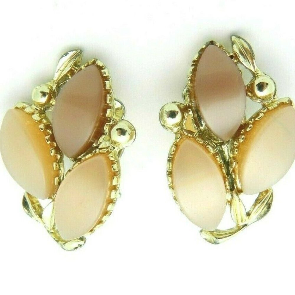 Gold Tone Brown Tan Thermoset Flower Clip Earrings